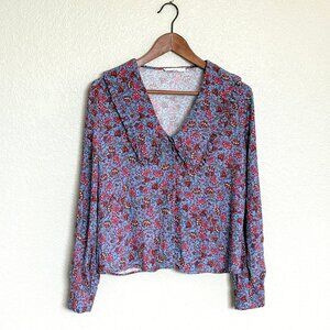 MNG Floral Ruffle Peter Pan Collar Cottagecore Long Sleeve Blouse Size Small